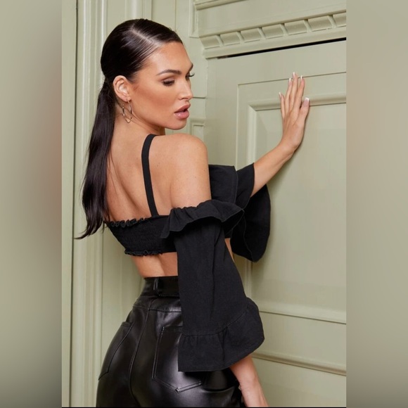 Black Cold Shoulder Ruffle Trim Crop Top - Picture 2 of 5